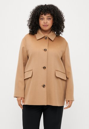 Lysebrunt uldblandingsfrakke med krave, frontknapper og to store sidelommer. Har en afslappet pasform og glat tekstur.
