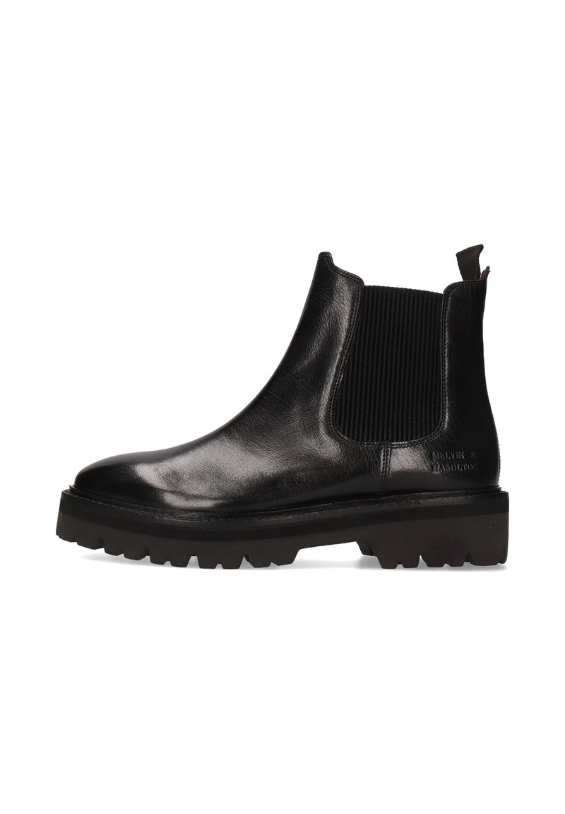 Bota Chelsea de cuero negro con lados elásticos acanalados, puntera redonda, suela de goma negra gruesa y pestaña trasera para facilitar su uso.