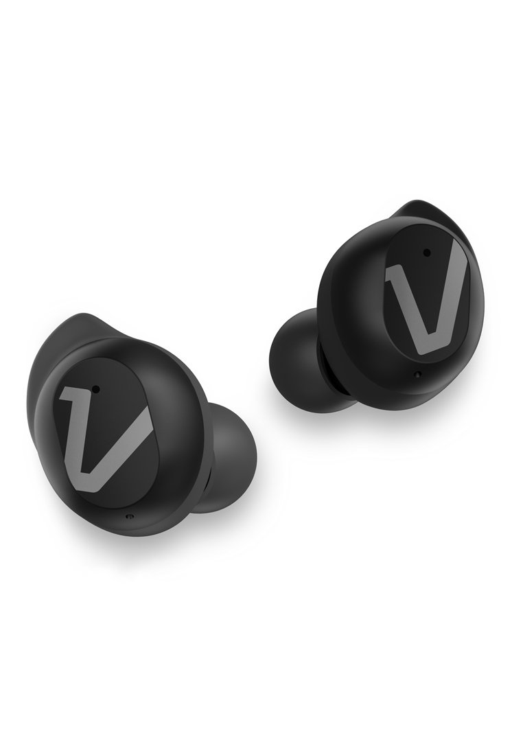 Kabellose Ohrhörer in Schwarz mit rundem Design; verfügen über ein auffälliges graues Logo auf der Außenseite und einen kleinen Punkt für die Mikrofonfunktion.