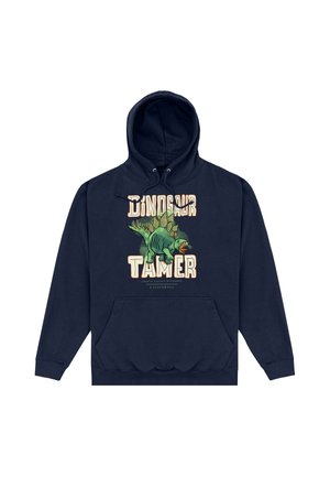 Marineblå hættetrøje med en grøn stegosaurus illustration og teksten "Dinosaur Tamer" i store cremefarvede bogstaver foran.