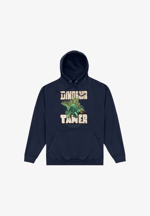 Sweat à capuche bleu marine avec une illustration de stégosaure verte et le texte « Dinosaur Tamer » en grandes lettres crème à l'avant.