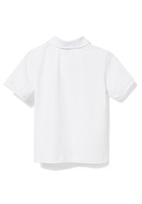 Prosta biała koszulka polo z krótkim rękawem, widoczna z tyłu, z złożonym kołnierzykiem i prostymi, obszytymi rękawami.