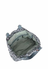 Borsa a fantasia con stampa leopardata grigia e rosa; esterno in tessuto morbido; dettagli blu; interno spazioso con tasca con zip.