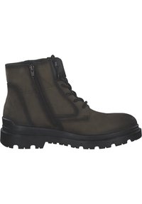 Dunkelolivfarbene Leder-Ankle-Boots mit seitlichem Reißverschluss, Schnürung an der Vorderseite, strukturiertem Gummisohle und verstärkter Naht für Langlebigkeit.