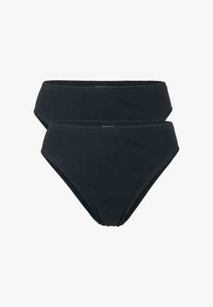 Black cotton bikini briefs, featuring a high-waisted design with smooth texture, and no visible patterns or accents. Two pairs included.