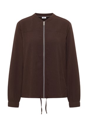 Veste marron foncé à manches longues avec fermeture éclair intégrale à l'avant, poignets élastiques, encolure ronde, tissu texturé et cordon de serrage à l'ourlet.