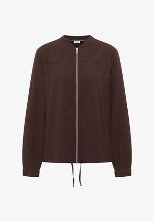 Veste marron foncé à manches longues avec fermeture éclair intégrale à l'avant, poignets élastiques, encolure ronde, tissu texturé et cordon de serrage à l'ourlet.