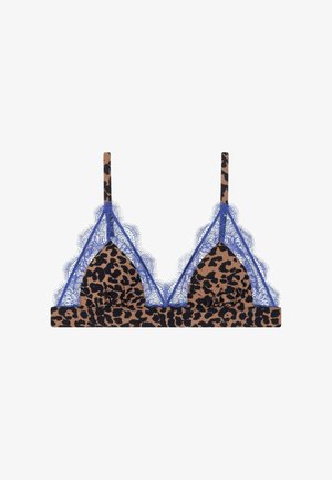 Luipaardprint bh met blauwe kanten rand. Zacht materiaal, driehoekige cups, verstelbare bandjes en een brede band voor ondersteuning.