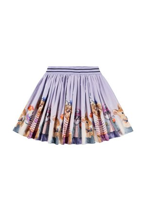 Jupe plissée lilas ornée de graphiques d'animaux colorés en bas, avec une taille unie et des rayures foncées pour accentuer.