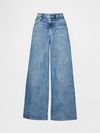 Džínsy s širokými nohavicemi v světle modrém denim. Mají vysoký pas, klasický pětikapsový design a rovný střih od boků až ke spodnímu okraji.