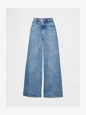 Široke jeans hlače v svetlo modrem denimu. Imajo visok pas, klasičen pet-pocket dizajn in ravno obliko od bokov do roba.