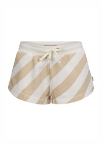 Pantaloni corti a strisce beige e bianche in tessuto morbido. Vita elasticizzata con cordino. Presenta tasche laterali e una vestibilità comoda.