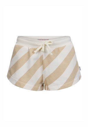 Pantaloni corti a strisce beige e bianche in tessuto morbido. Vita elasticizzata con cordino. Presenta tasche laterali e una vestibilità comoda.