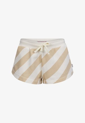 Pantaloni corti a strisce beige e bianche in tessuto morbido. Vita elasticizzata con cordino. Presenta tasche laterali e una vestibilità comoda.
