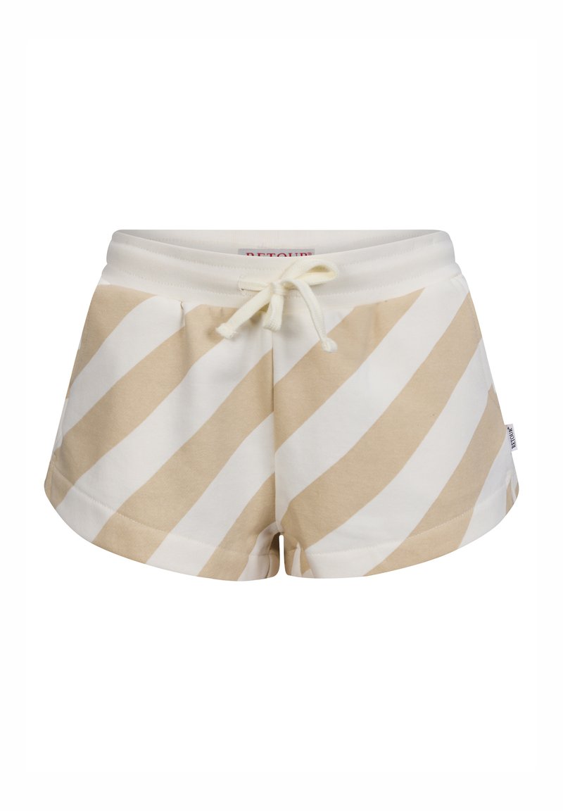 Pantaloni corti a strisce beige e bianche in tessuto morbido. Vita elasticizzata con cordino. Presenta tasche laterali e una vestibilità comoda.