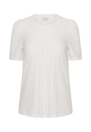 Witte blouse met korte mouwen, een ronde halslijn en een oogjeskantpatroon over de gehele stof.