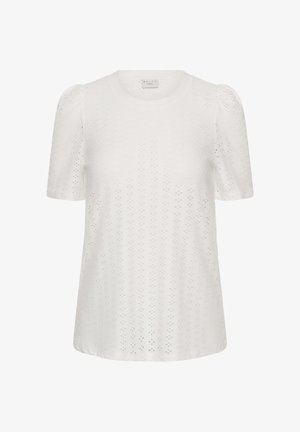 Witte blouse met korte mouwen, een ronde halslijn en een oogjeskantpatroon over de gehele stof.