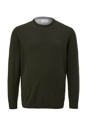 Mørkegrøn langærmet crew neck sweater med ribkanter ved ærmer og kant, med lille broderet logo på venstre bryst.