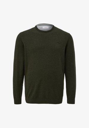 Mørkegrøn langærmet crew neck sweater med ribkanter ved ærmer og kant, med lille broderet logo på venstre bryst.