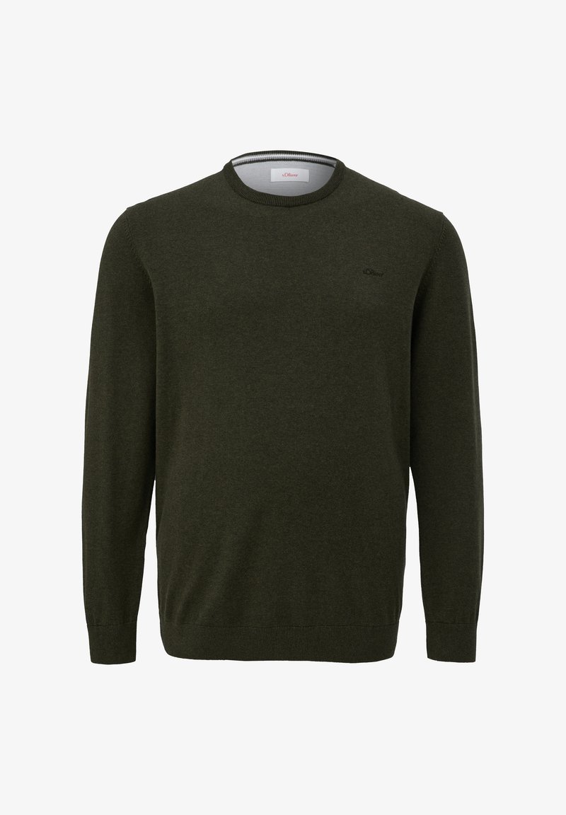 Pull vert foncé à manches longues avec col rond, poignets et ourlet côtelés, avec un petit logo brodé sur la poitrine gauche.
