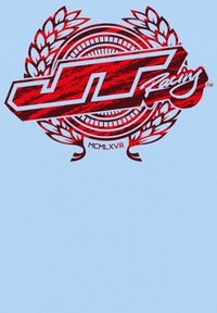 Červené grafické logo s textem "JT Racing", obklopené vavřínovými listy a kruhovými akcenty, na světle modrém textilním pozadí.