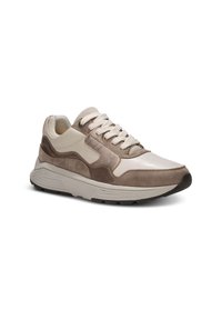 Sneaker met een mix van lichtbeige en taupe suède en leer, ronde neus, gestructureerde zijpanelen en crèmekleurige veters. Gevoerde zool.