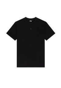 Black cotton t-shirt with short sleeves, round neck, and a small, tonal logo on the chest. Smooth texture and classic fit.