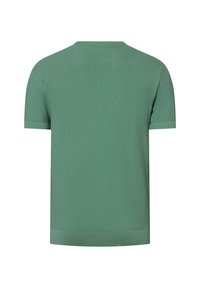 Grünes Strick-T-Shirt mit kurzen Ärmeln und rundem Halsausschnitt. Strukturierter Stoff und gerader Saum ohne zusätzliche Verzierungen.
