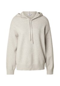 Felpa con cappuccio grigio chiaro, materiale morbido a maglia, vestibilità comoda, spalle scese, orlo e polsini a costine, coulisse regolabile al collo.