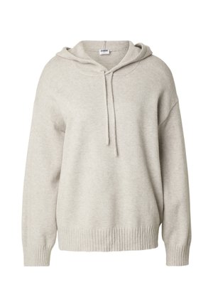 Felpa con cappuccio grigio chiaro, materiale morbido a maglia, vestibilità comoda, spalle scese, orlo e polsini a costine, coulisse regolabile al collo.