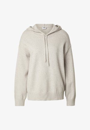 Hellgrauer Kapuzenpullover aus weichem Strickmaterial, mit lockerem Schnitt, überschnittenen Schultern, geripptem Saum und Bündchen sowie verstellbarem Kordelzug am Hals.