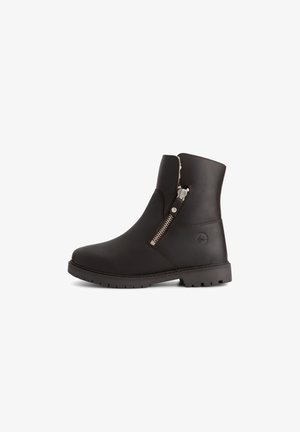 Black leather ankle boot with a side zipper, rounded toe, and textured rubber sole. Features a subtle logo on the heel.