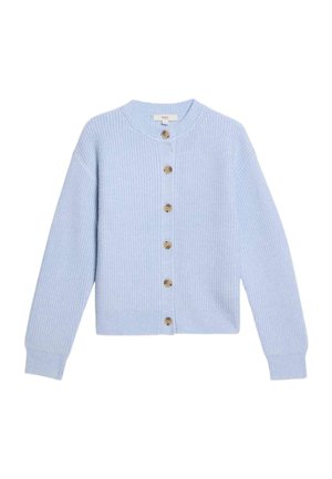 Lichtblauw geribd vest met een ronde hals, lange mouwen en zes bruine knopen aan de voorkant. Zachte textuur, cropped ontwerp.