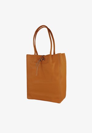 Leather tote bag in orange, featuring two long handles, drawstring closure, and textured surface. Square shape with soft, smooth finish.