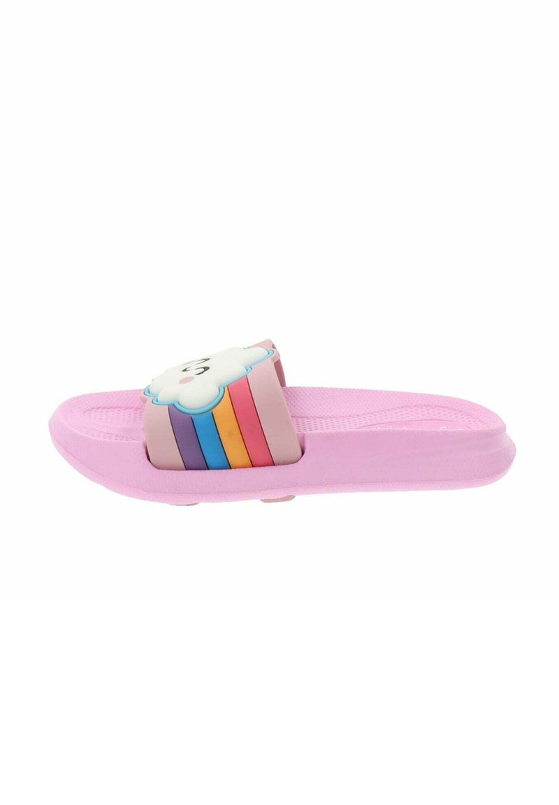 Infradito rosa con una cinghia a forma di nuvola che presenta strisce arcobaleno. Realizzato in gomma con una soletta testurizzata per una migliore aderenza.