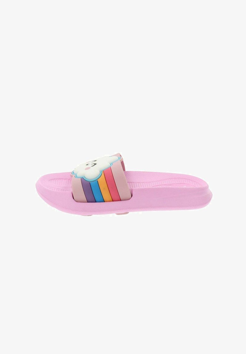 Tongs roses avec une bride en forme de nuage ornée de rayures arc-en-ciel. Fabriquées en caoutchouc avec une semelle intérieure texturée pour une meilleure adhérence.