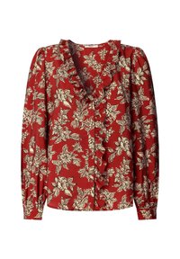 Blouse rouge à manches longues avec un motif floral blanc, décolleté froncé et fermeture à boutons, fabriquée en tissu doux avec une finition texturée.