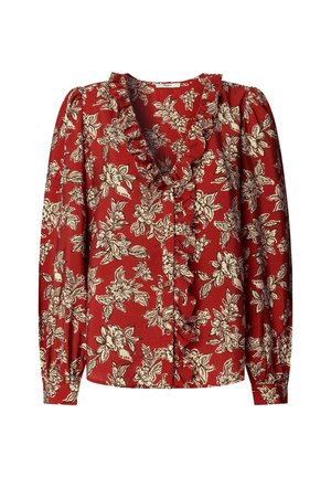 Red long-sleeve blouse with white floral pattern, ruffled neckline, and button closure, made from soft fabric with a textured finish.