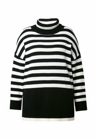 Maglione a righe bianche e nere con collo alto, maniche larghe e polsini e orlo a coste. Presenta righe alternate di spessore spesso e sottile.