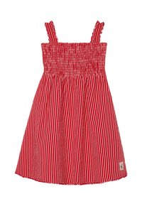 Rot-weiß gestreiftes Kleid mit gesmokter Brust, Rüschenträgern und gerafftem Rock. Enthält ein kleines Blumenetikett am Saum.