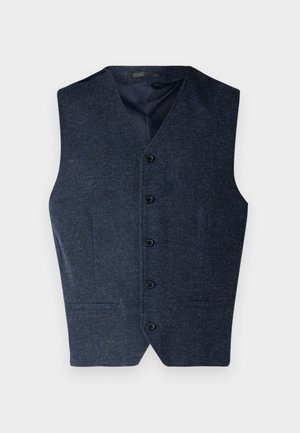 Navy blue vest made of textured fabric. Features a V-neck, six buttons, and two front pockets with a tailored fit.