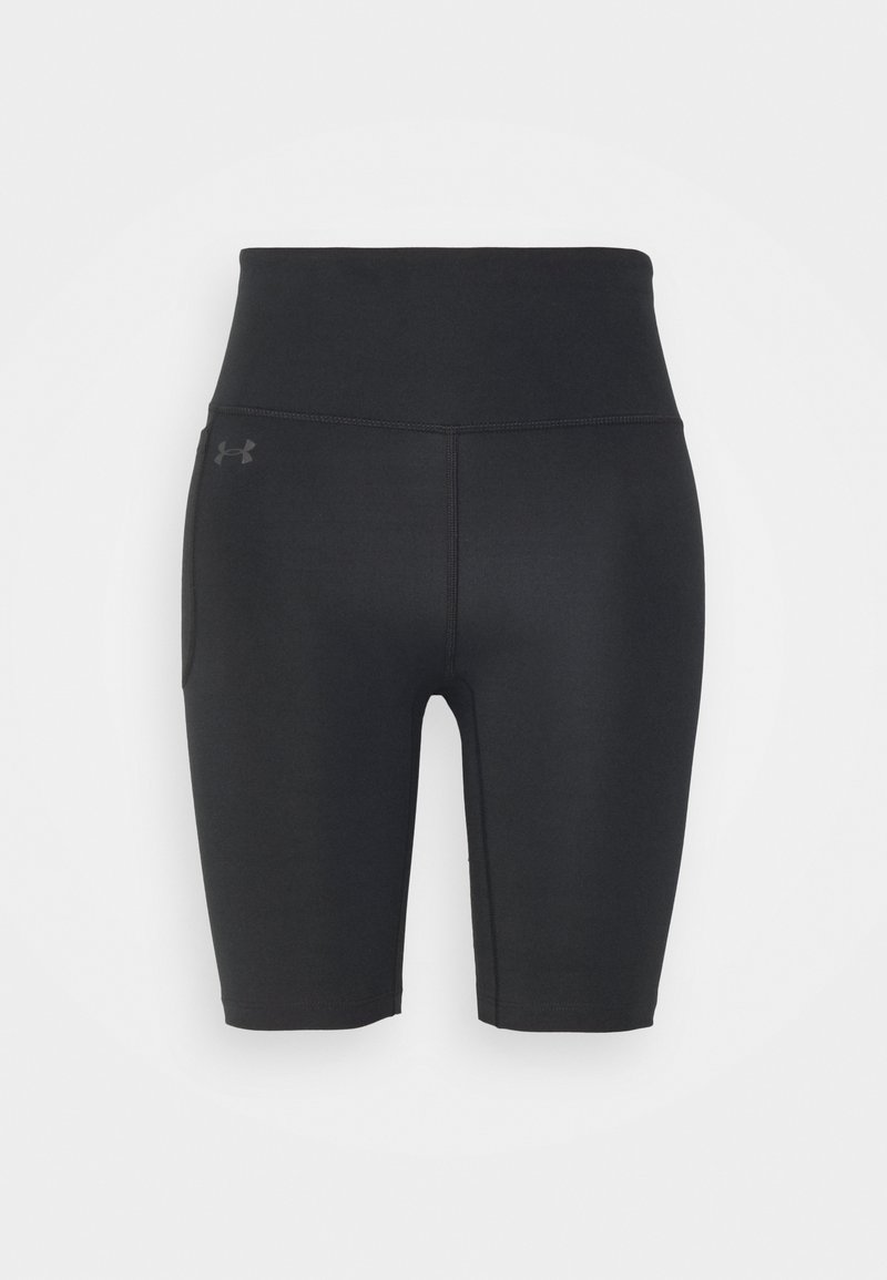 Pantalones cortos deportivos negros con una cintura alta, fabricados en tejido elástico. Presentan un bolsillo lateral y un sutil acento de logo. Textura suave.