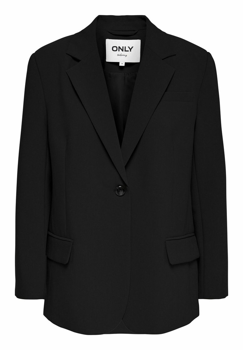 Schwarze Blazer mit einem einzelnen Knopf, Reverskragen und zwei Fronttaschen. Hergestellt aus glattem Stoff mit einem strukturierten Design.