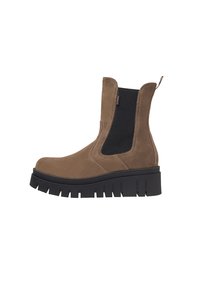 Brune ruskind ankelstøvler med sorte elastiske sidestykker, en tyk sort gummisål og en trækflap bagpå for nem påtagning.