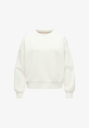 Prosty biały sweter z okrągłym dekoltem, długimi rękawami oraz ściągaczami na mankietach i u dołu, prezentowany na jednolitym białym tle.