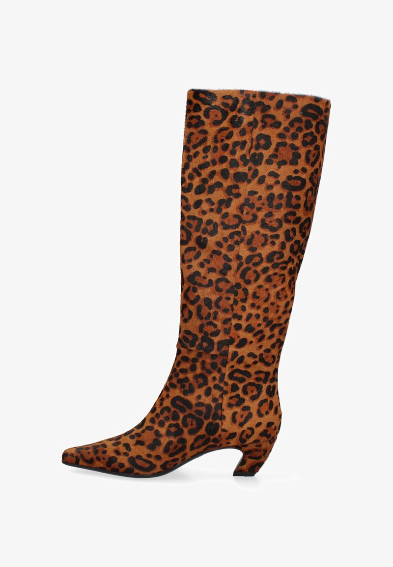 Leopard print knee-high boot in brown and black, made from textured material with a pointed toe and a low, angular heel.