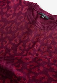Pull en maille bordeaux avec col rond et poignets côtelés, motif léopard rouge foncé et étiquette de marque NEXT noire à l’intérieur du col.