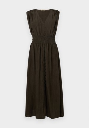 Vestido midi verde oscuro con escote en V, botones en la parte delantera y cintura elástica. Cuenta con mangas cortas abullonadas y una tela fluida y texturizada.