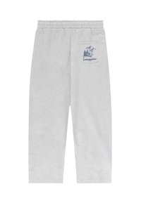Jasnoszare spodnie dresowe wykonane z miękkiej tkaniny, z elastycznym pasem i tylną kieszenią z nadrukiem góry.