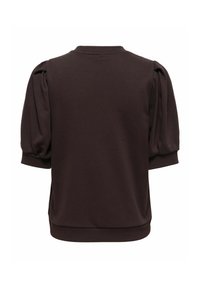 Dark brown pullover sweater with puffed short sleeves, ribbed cuffs and hem, made from soft fabric, features a simple, rounded neckline.